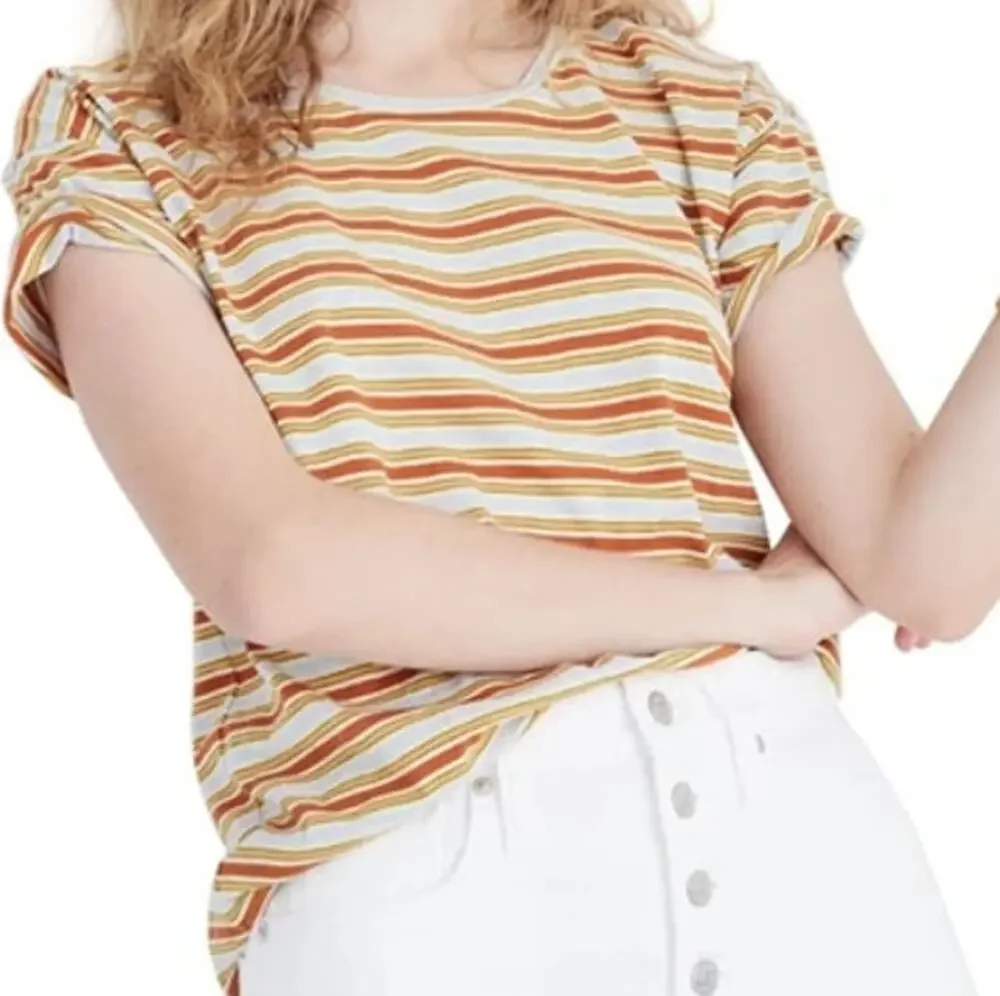 Madewell Whisper Cotton Stripe Crewneck Tee Crop Feather Blue Castaway Stripe M